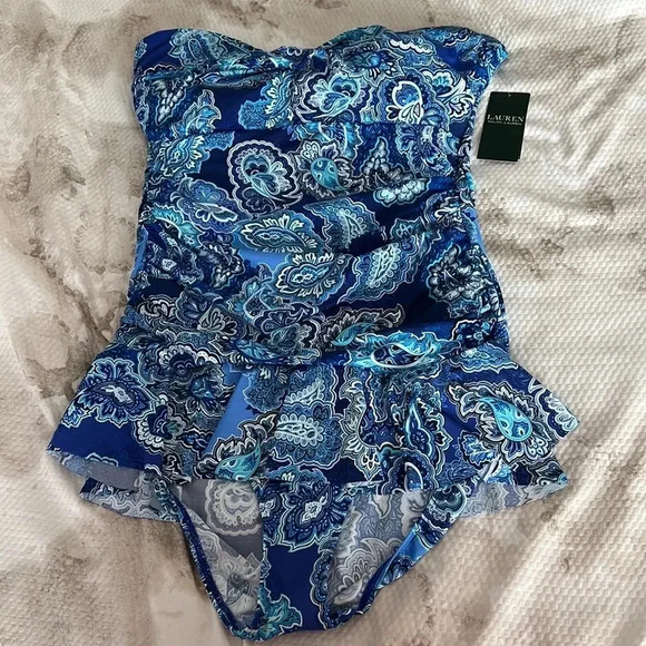Ralph Lauren BLUE Bandana Paisley Underwire Skirted One-Piece Swimsuit - Picture 5 of 10